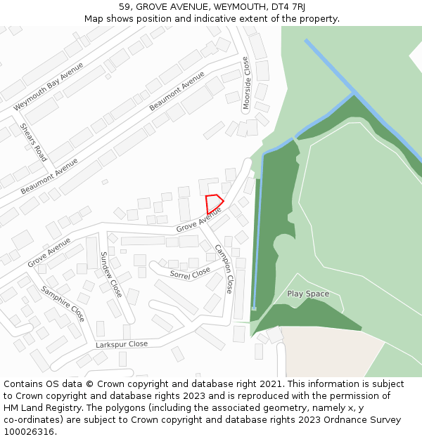 59, GROVE AVENUE, WEYMOUTH, DT4 7RJ: Location map and indicative extent of plot