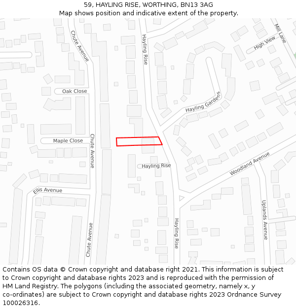 59, HAYLING RISE, WORTHING, BN13 3AG: Location map and indicative extent of plot