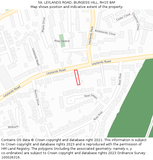 59, LEYLANDS ROAD, BURGESS HILL, RH15 8AF: Location map and indicative extent of plot