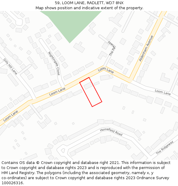 59, LOOM LANE, RADLETT, WD7 8NX: Location map and indicative extent of plot