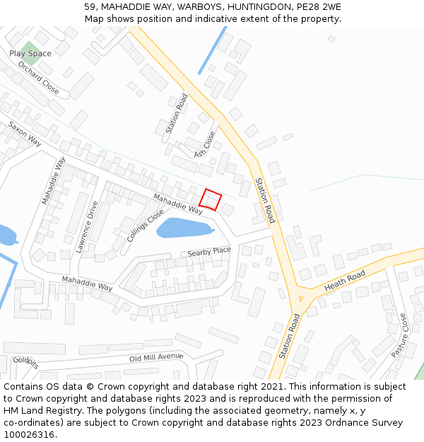 59, MAHADDIE WAY, WARBOYS, HUNTINGDON, PE28 2WE: Location map and indicative extent of plot