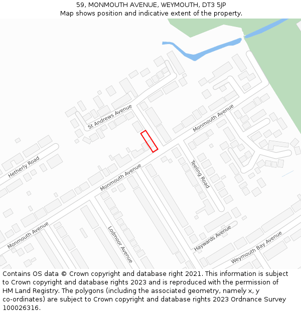 59, MONMOUTH AVENUE, WEYMOUTH, DT3 5JP: Location map and indicative extent of plot