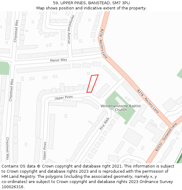 59, UPPER PINES, BANSTEAD, SM7 3PU: Location map and indicative extent of plot