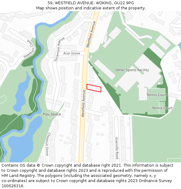 59, WESTFIELD AVENUE, WOKING, GU22 9PG: Location map and indicative extent of plot