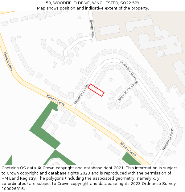 59, WOODFIELD DRIVE, WINCHESTER, SO22 5PY: Location map and indicative extent of plot