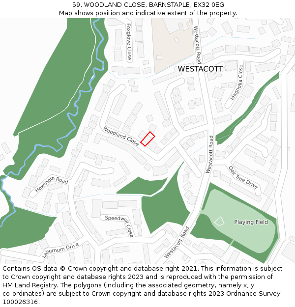 59, WOODLAND CLOSE, BARNSTAPLE, EX32 0EG: Location map and indicative extent of plot