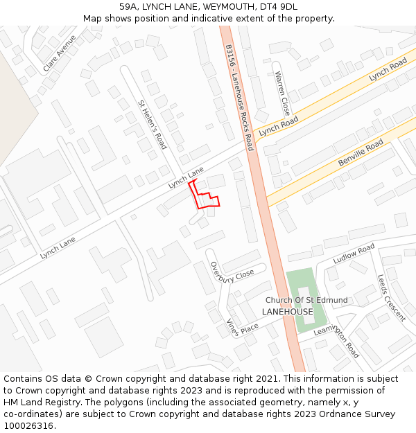 59A, LYNCH LANE, WEYMOUTH, DT4 9DL: Location map and indicative extent of plot