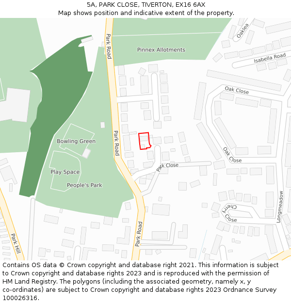 5A, PARK CLOSE, TIVERTON, EX16 6AX: Location map and indicative extent of plot