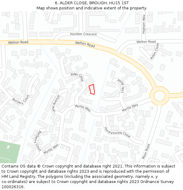 6, ALDER CLOSE, BROUGH, HU15 1ST: Location map and indicative extent of plot