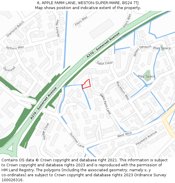 6, APPLE FARM LANE, WESTON-SUPER-MARE, BS24 7TJ: Location map and indicative extent of plot