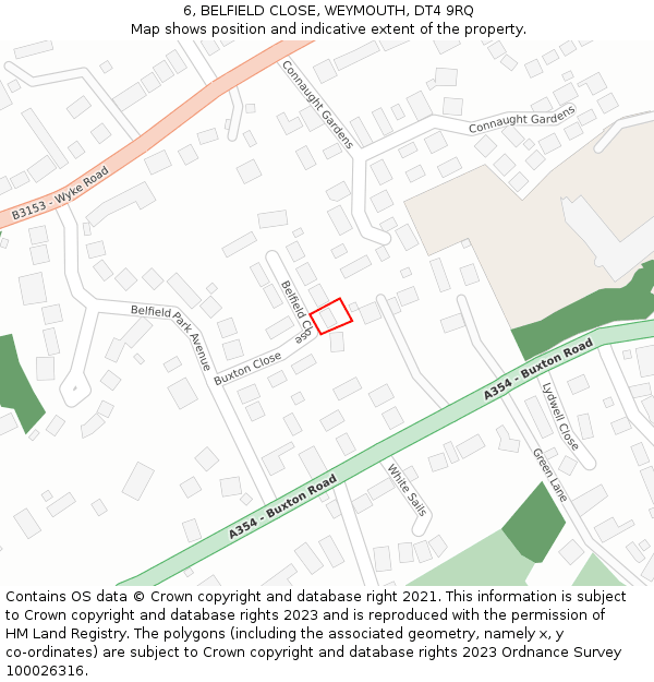 6, BELFIELD CLOSE, WEYMOUTH, DT4 9RQ: Location map and indicative extent of plot