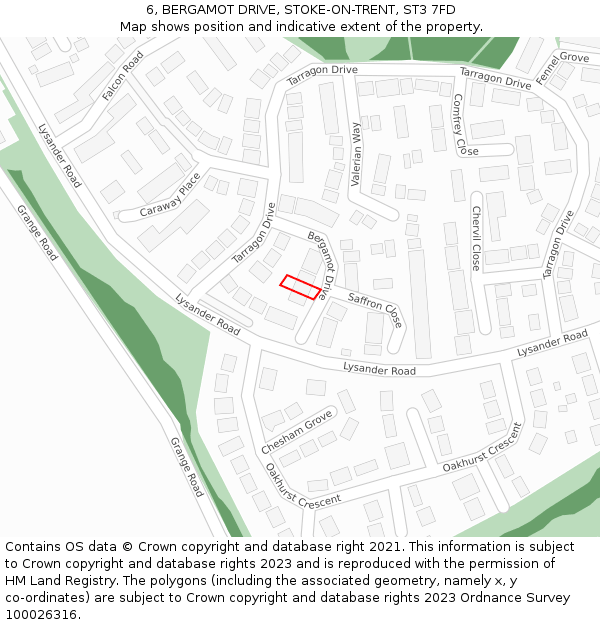 6, BERGAMOT DRIVE, STOKE-ON-TRENT, ST3 7FD: Location map and indicative extent of plot
