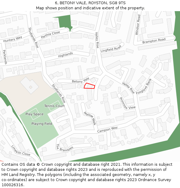 6, BETONY VALE, ROYSTON, SG8 9TS: Location map and indicative extent of plot