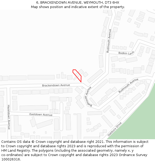 6, BRACKENDOWN AVENUE, WEYMOUTH, DT3 6HX: Location map and indicative extent of plot