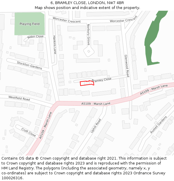 6, BRAMLEY CLOSE, LONDON, NW7 4BR: Location map and indicative extent of plot