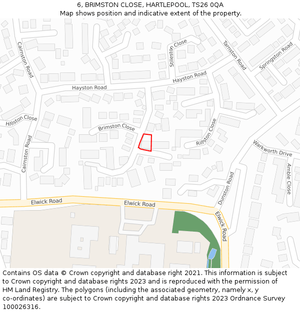 6, BRIMSTON CLOSE, HARTLEPOOL, TS26 0QA: Location map and indicative extent of plot