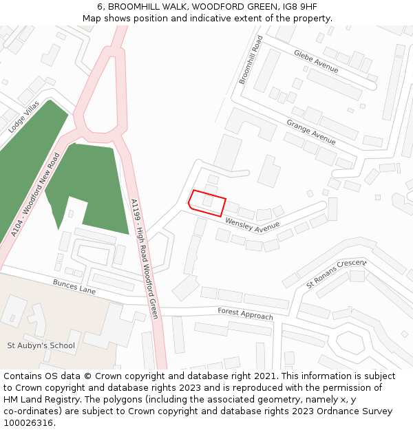 6, BROOMHILL WALK, WOODFORD GREEN, IG8 9HF: Location map and indicative extent of plot