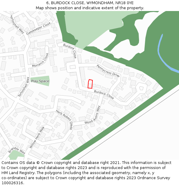 6, BURDOCK CLOSE, WYMONDHAM, NR18 0YE: Location map and indicative extent of plot