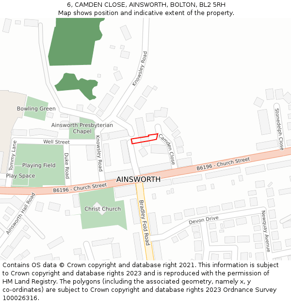 6, CAMDEN CLOSE, AINSWORTH, BOLTON, BL2 5RH: Location map and indicative extent of plot