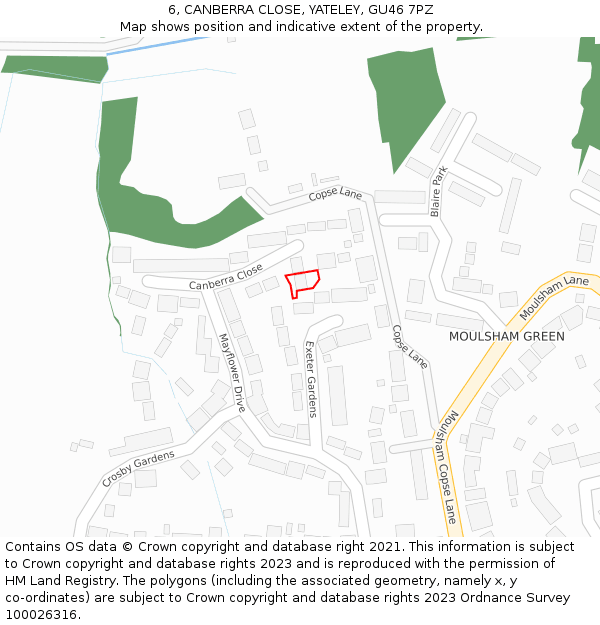 6, CANBERRA CLOSE, YATELEY, GU46 7PZ: Location map and indicative extent of plot