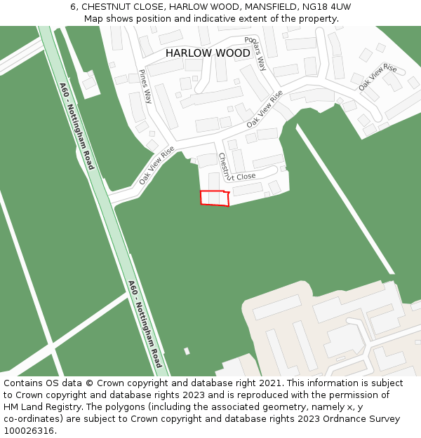 6, CHESTNUT CLOSE, HARLOW WOOD, MANSFIELD, NG18 4UW: Location map and indicative extent of plot