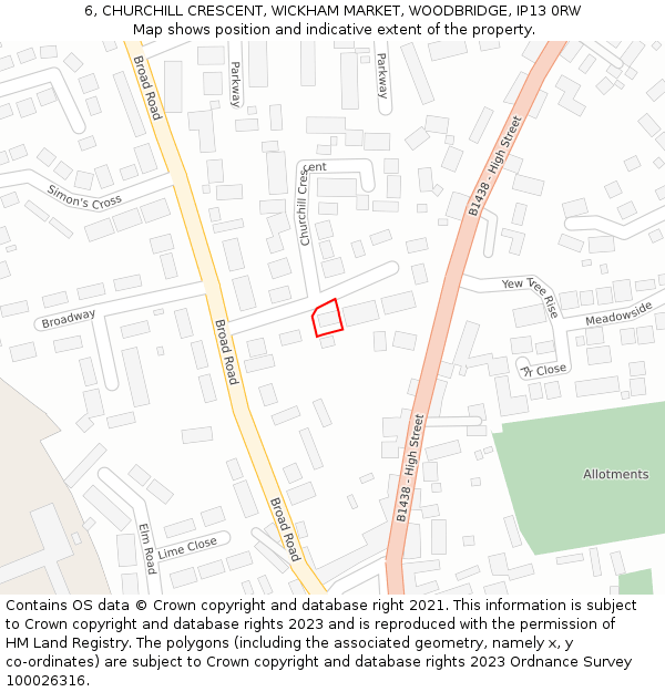 6, CHURCHILL CRESCENT, WICKHAM MARKET, WOODBRIDGE, IP13 0RW: Location map and indicative extent of plot