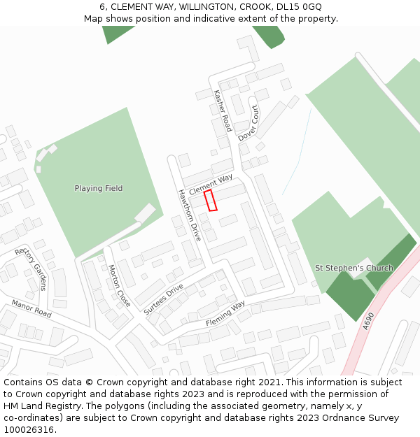 6, CLEMENT WAY, WILLINGTON, CROOK, DL15 0GQ: Location map and indicative extent of plot