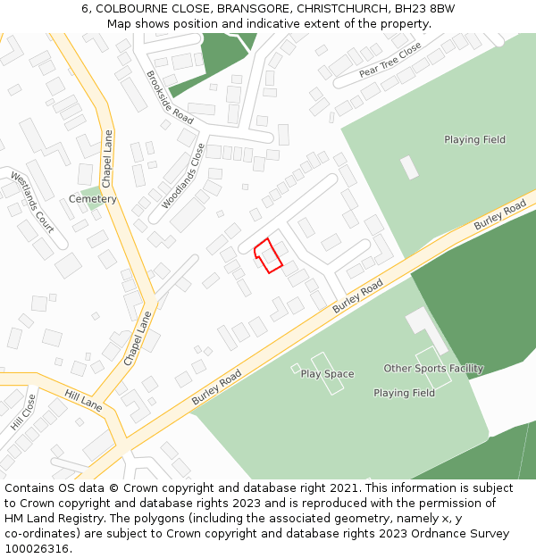 6, COLBOURNE CLOSE, BRANSGORE, CHRISTCHURCH, BH23 8BW: Location map and indicative extent of plot