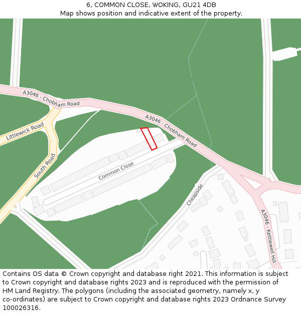 6, COMMON CLOSE, WOKING, GU21 4DB: Location map and indicative extent of plot