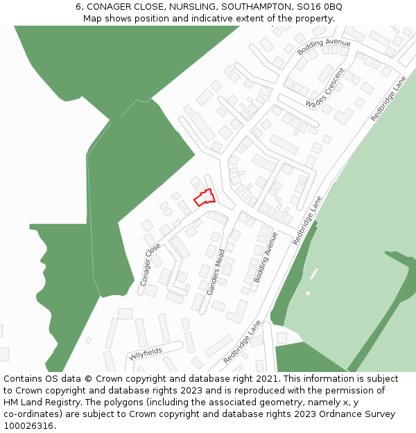 6, CONAGER CLOSE, NURSLING, SOUTHAMPTON, SO16 0BQ: Location map and indicative extent of plot