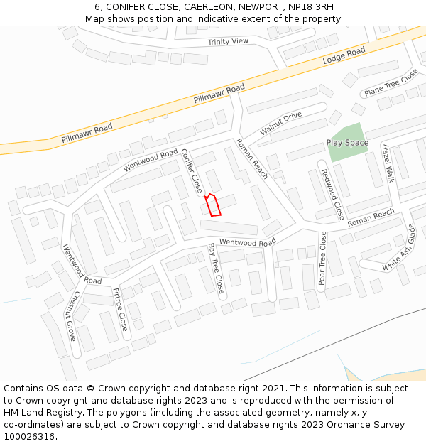 6, CONIFER CLOSE, CAERLEON, NEWPORT, NP18 3RH: Location map and indicative extent of plot