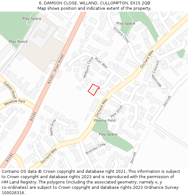 6, DAMSON CLOSE, WILLAND, CULLOMPTON, EX15 2QB: Location map and indicative extent of plot