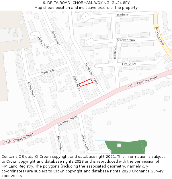 6, DELTA ROAD, CHOBHAM, WOKING, GU24 8PY: Location map and indicative extent of plot