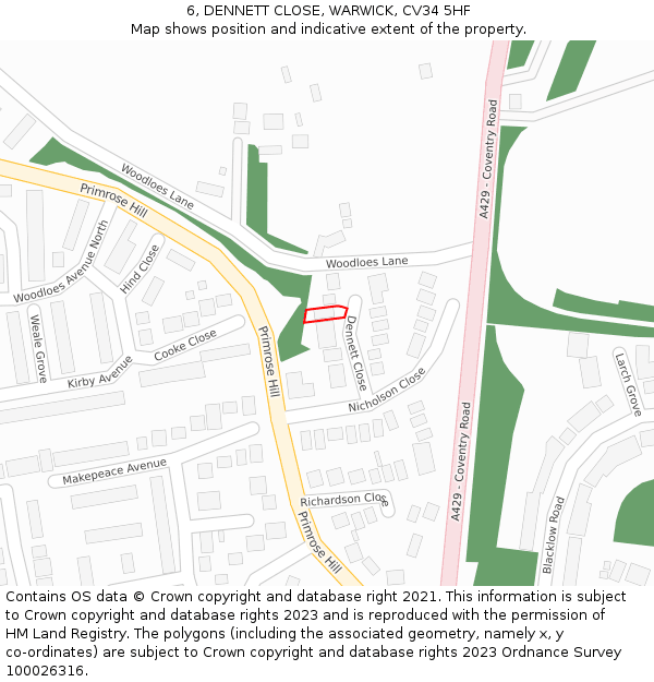 6, DENNETT CLOSE, WARWICK, CV34 5HF: Location map and indicative extent of plot