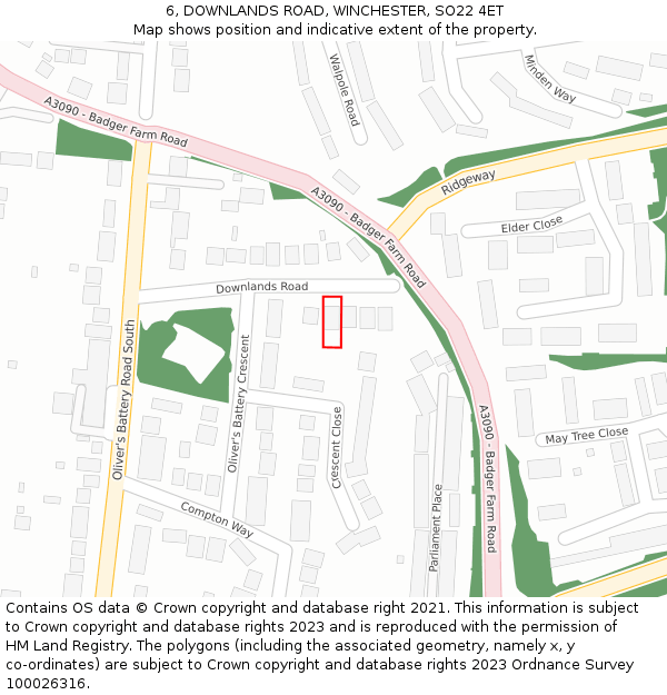 6, DOWNLANDS ROAD, WINCHESTER, SO22 4ET: Location map and indicative extent of plot