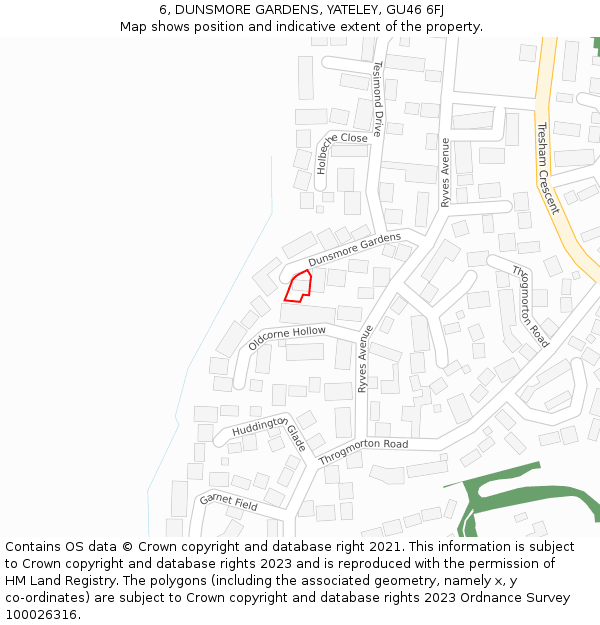 6, DUNSMORE GARDENS, YATELEY, GU46 6FJ: Location map and indicative extent of plot
