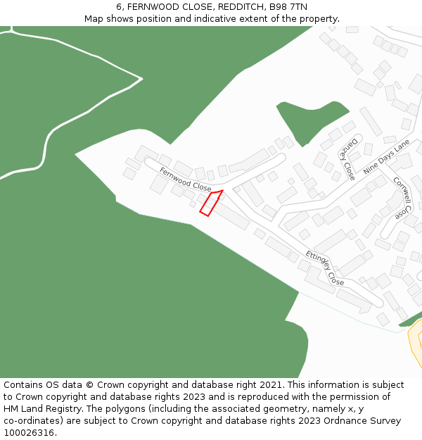 6, FERNWOOD CLOSE, REDDITCH, B98 7TN: Location map and indicative extent of plot