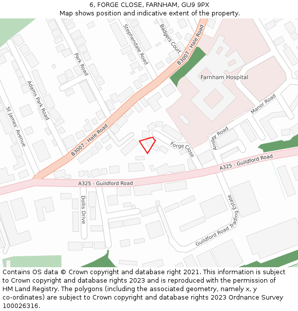 6, FORGE CLOSE, FARNHAM, GU9 9PX: Location map and indicative extent of plot