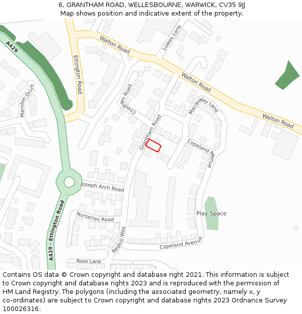 6, GRANTHAM ROAD, WELLESBOURNE, WARWICK, CV35 9JJ: Location map and indicative extent of plot