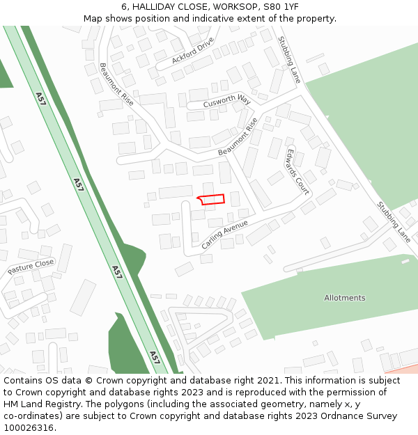 6, HALLIDAY CLOSE, WORKSOP, S80 1YF: Location map and indicative extent of plot