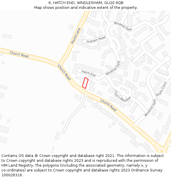 6, HATCH END, WINDLESHAM, GU20 6QB: Location map and indicative extent of plot