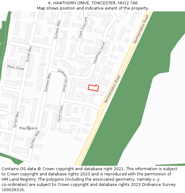 6, HAWTHORN DRIVE, TOWCESTER, NN12 7AE: Location map and indicative extent of plot