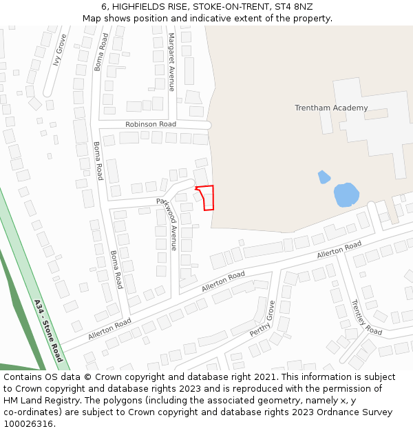 6, HIGHFIELDS RISE, STOKE-ON-TRENT, ST4 8NZ: Location map and indicative extent of plot