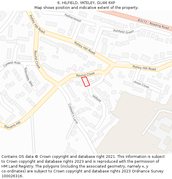 6, HILFIELD, YATELEY, GU46 6XP: Location map and indicative extent of plot