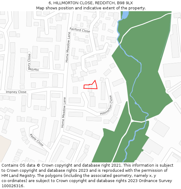 6, HILLMORTON CLOSE, REDDITCH, B98 9LX: Location map and indicative extent of plot