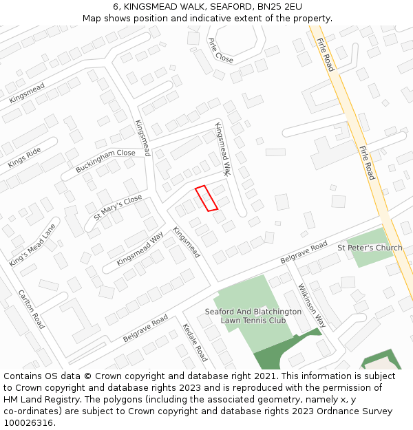 6, KINGSMEAD WALK, SEAFORD, BN25 2EU: Location map and indicative extent of plot