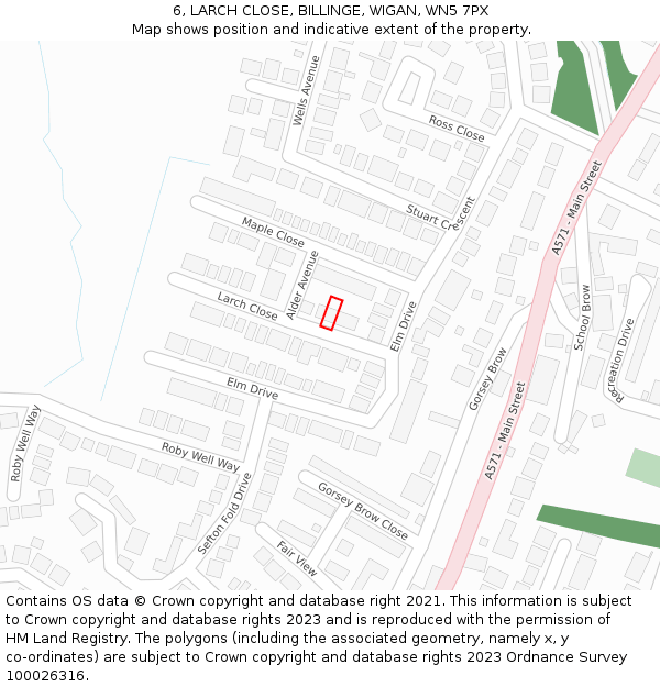 6, LARCH CLOSE, BILLINGE, WIGAN, WN5 7PX: Location map and indicative extent of plot