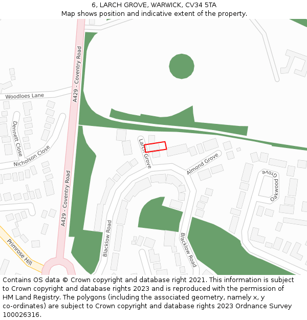 6, LARCH GROVE, WARWICK, CV34 5TA: Location map and indicative extent of plot