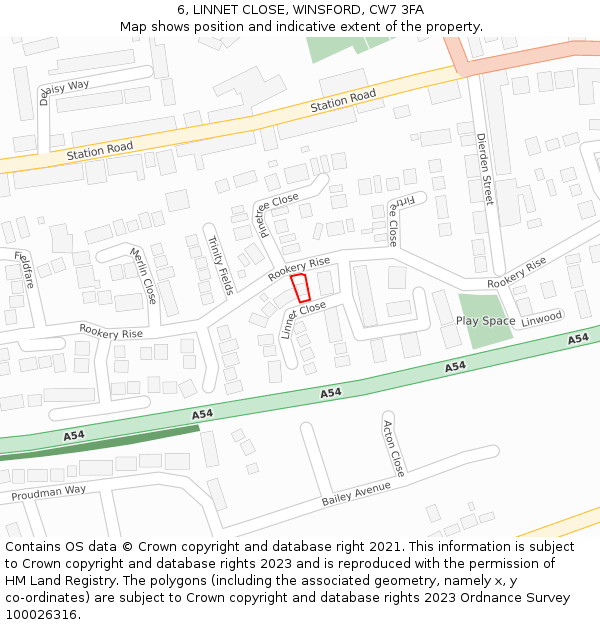 6, LINNET CLOSE, WINSFORD, CW7 3FA: Location map and indicative extent of plot