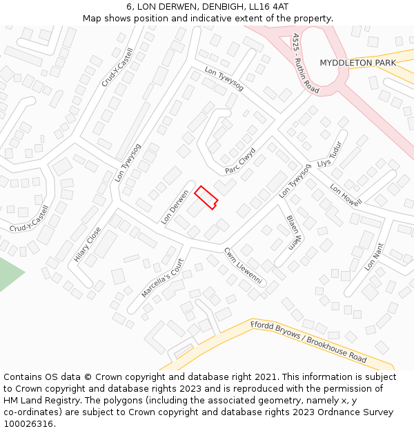 6, LON DERWEN, DENBIGH, LL16 4AT: Location map and indicative extent of plot